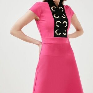 KAREN MILLEN FUSCHIA PINK EYELET TRIM DETAIL JERSEY DRESS US8 UK12